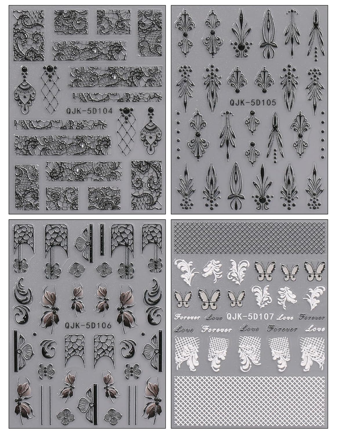 JMEOWIO 3D Embossed Black White Flower Nail Art Stickers Decals Self-Adhesive Pegatinas Uñas 5D Leaves Lace Nail Supplies Nail Art Design Decoration Accessories 4 Sheets-Velvo Beauty