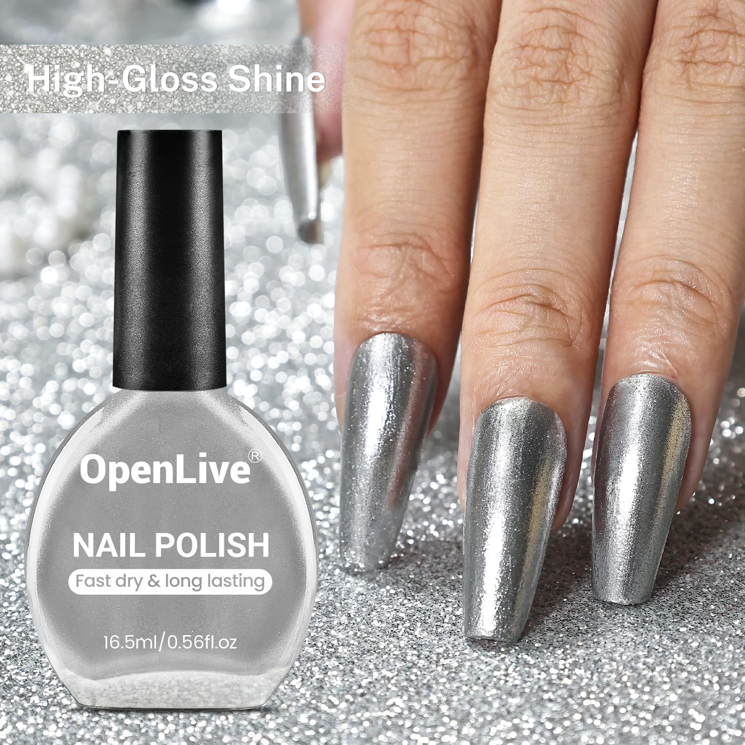 16.5ml Glitter Silver Nail Polish Large Volume Quick Dry Nail Polish, Long Lasting Shine, Fingernail Toenail Nail Art DIY Home Travel Nail Art Gift-Velvo Beauty