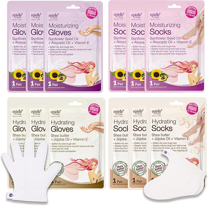 Epielle Hydrating & Moisturizing Hand & Foot Masks 12 Pairs, Relieve and Soften Dry Hands & Cracked Heels with Shea Butter & Sunflower Seed Oil, Korean Skin Care, Spa Set, Self Care Gifts for Women-Velvo Beauty