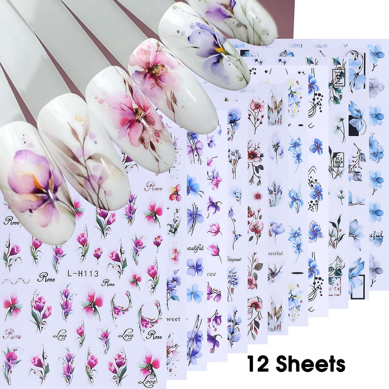 Ink Flower Nail Art Stickers 12 Sheets 3D Self-Adhesive Nail Decals with Tweezers Watercolor Floral Leaves Stickers Charming Blossom Flowers Designs Nail Art Supplies Manicure Accessories for Women-Velvo Beauty