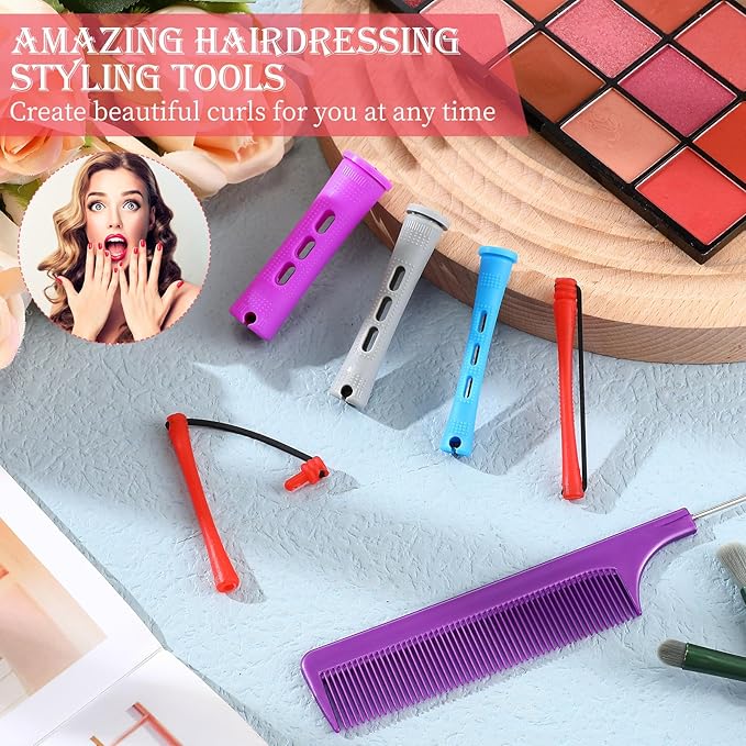 48 Pieces Hair Perm Rods Short Cold Wave Rods Plastic Perming Irons Hair Curling Rollers Curlers with Steel Pintail Comb Rat Tail Comb for Hairdressing Styling Supplies(4 Sizes,4 Colors)-Velvo Beauty
