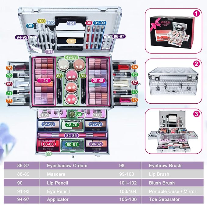 Make-up Box Set Multi-purpose Cosmetic Storage Beauty Case Professional Contain Eyeshadow Concealer Lip gloss Blusher Compact Powder Eyebrow and Makeup Pencil Brush #3-Velvo Beauty