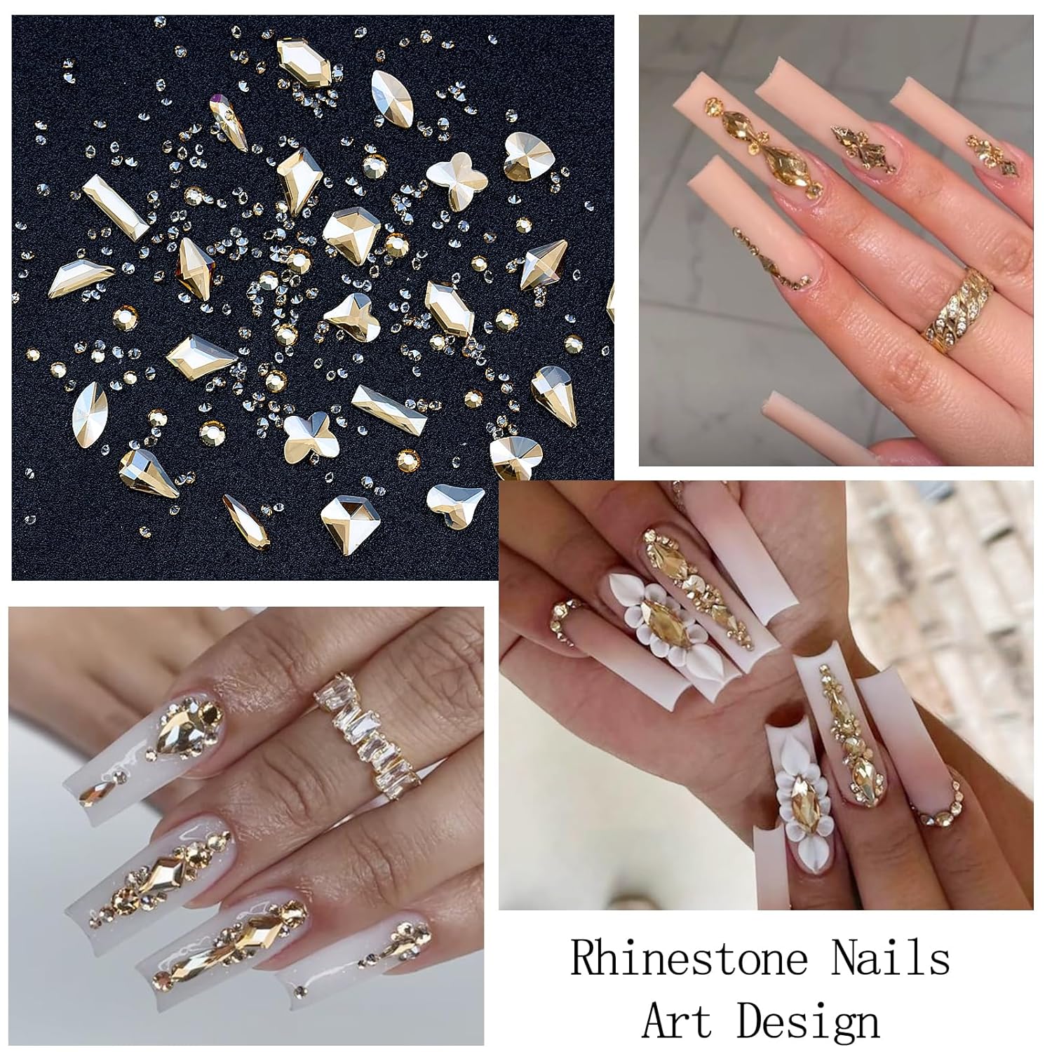 Nail Art Charms Rhinestones with Glue Gel Champagne Nail Rhinestones Supplies Accessories Gold Butterfly Multi Shape Crystal AB Rhinestone Nails Gems Jewelry for Women Nails Design-Velvo Beauty