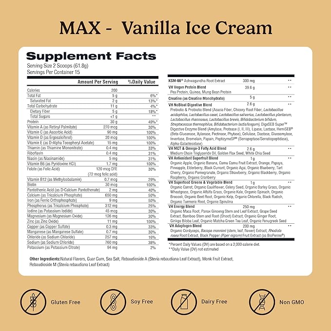 VitaHustle ONE Max Protein Powder, 30g Plant Protein + 5g Creatine, All-in-One Meal Replacement Shake with Greens, Adaptogens, Ashwagandha, Probiotics & Vitamins – Vanilla Ice Cream, 15 Servings-Velvo Beauty