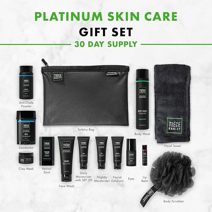 Tiege Hanley Mens Skin Care Gift Box Set, Platinum - Men's Skincare Set Includes Face Wash, AM & PM Moisturizer, Scrub, Eye Cream, Clay Mask, Retinol Stick, Body Wash, Deodorant, Lip Balm-Velvo Beauty