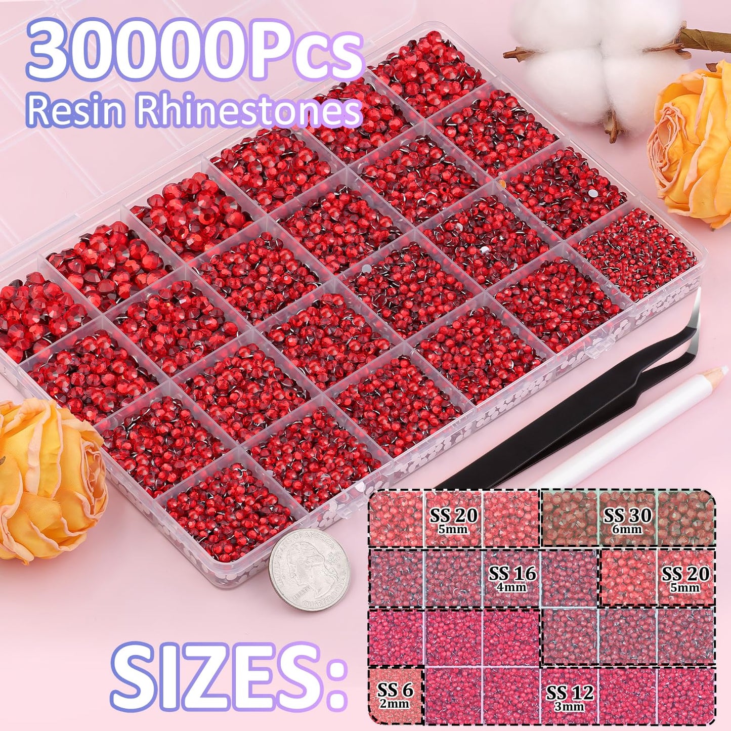 30000Pcs Red Rhinestones for Bedazzling with B7000 Jewelry Glue, Bedazzler Kit Flatback Gems, Resin Rhinestones for Crafting Crafts Clothing Shoes Fabric Nail Art Assorted Size 2/3/4/5/6mm-Velvo Beauty