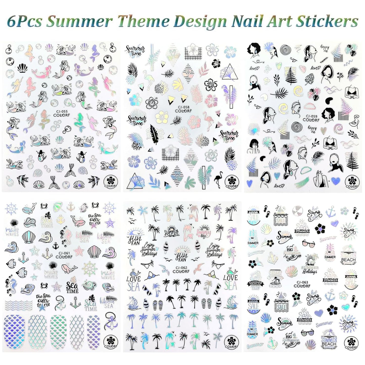 Summer Nail Art Stickers 6 Sheets Shell Nail Decals 3D Self-Adhesive Nails Design Accessories Palm Tree Jellyfish Mermaid Stickers for Women Nails Decoration-Velvo Beauty