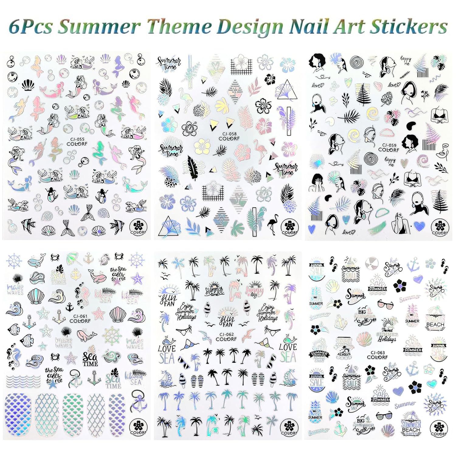 Summer Nail Art Stickers 6 Sheets Shell Nail Decals 3D Self-Adhesive Nails Design Accessories Palm Tree Jellyfish Mermaid Stickers for Women Nails Decoration-Velvo Beauty