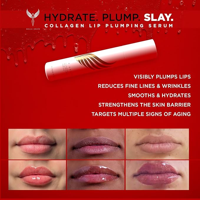 Bella Grace Vegan Collagen Lip Plumper Serum, Vitamin E, Peptides, Hydrating Lip Care Fuller Plumper Looking Lips, Supports Wrinkles, Fine Lines, Elasticity, Paraben, Sulfate & Cruelty Free, 0.1 fl oz-Velvo Beauty