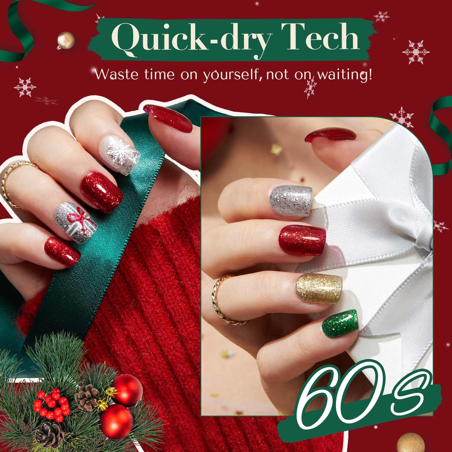 AZUREBEAUTY Nail Polish Set, 4 Colors Christmas Glitter Red Green Gold Silver Quick Dry Natural Fingernail Lacquer Strengthening Treatment Kit with Top Coat DIY Salon at Home-Velvo Beauty