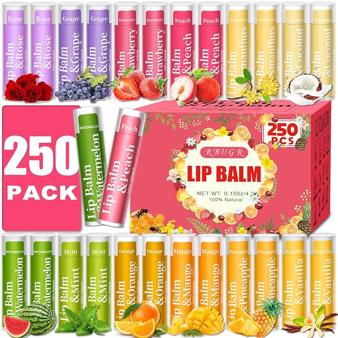250 Pcs Lip Balm Bulk,12 Fruit Flavored Natural Bulk Lip Balm, Lip Balms Pack with Vitamin E, Lip Balm Gift Set Women Stocking Stuffers Party Favors, Moisturizing&Soothing(4.2g/0.15oz)-Velvo Beauty