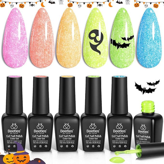 Beetles Glitter Gel Polish Set, 6 Colors Sparkling Water Shimmer Blue Green Pink Orange Glitter Neon Gel Polish Halloween Soak Off Nail Art Design Salon Home Manicure Gift for Girls Women-Velvo Beauty