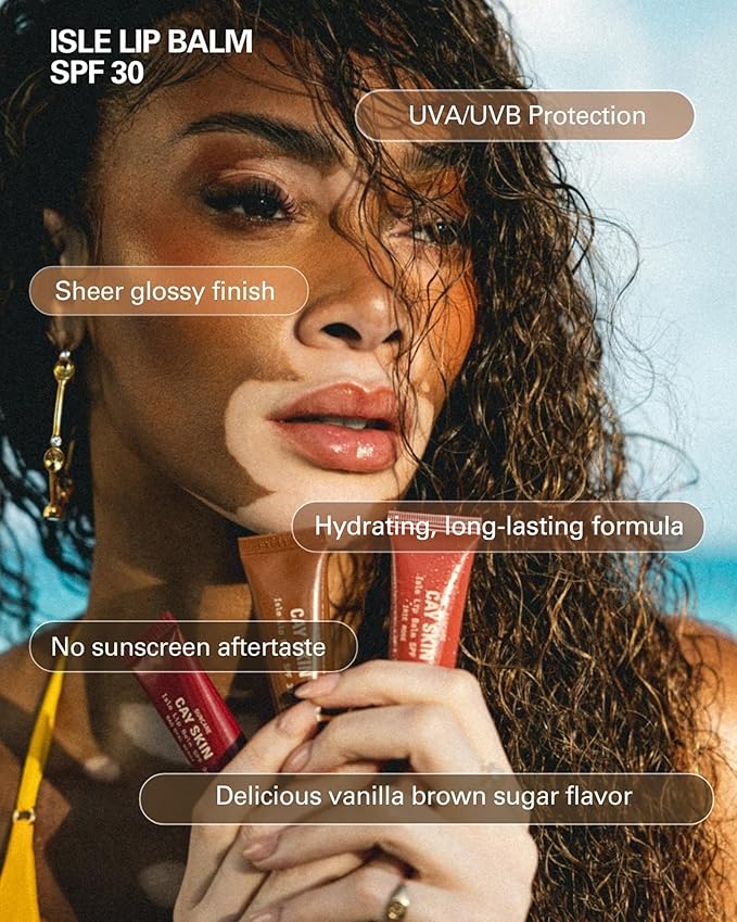 Cay Skin Isle Lip Balm SPF 30 – High Shine, Hydrating + Sheer Lip Gloss in Vanilla Brown Sugar Flavor – Formulated with Natural Ingredients for All Skin Tones – Irie Rose-Velvo Beauty