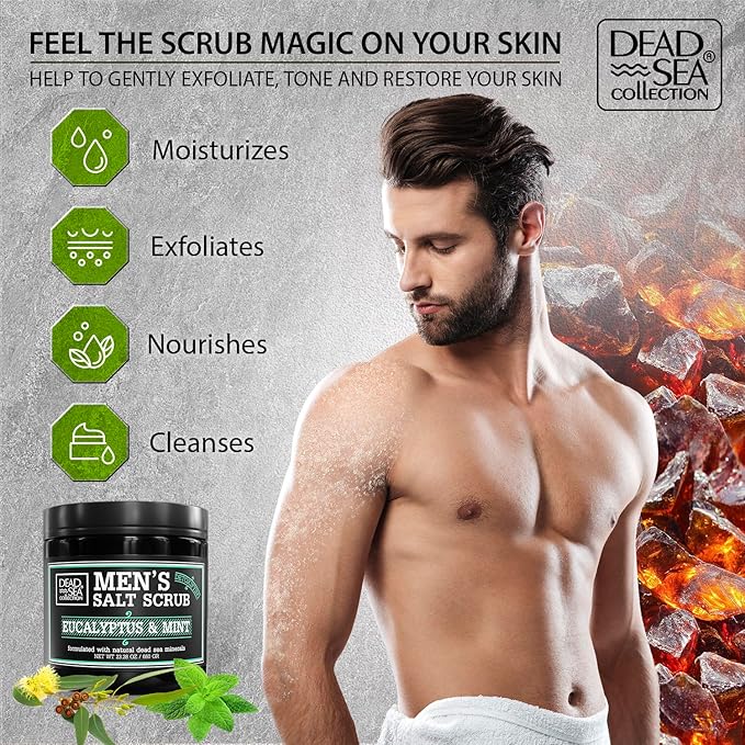 Salt Body Scrub Eucalyptus & Mint For Men– Moisturizes, Exfoliates & Nourishes Skin – Cleanses & Detoxifies with Dead Sea Minerals – Dead Sea Collection - 23.28 OZ-Velvo Beauty