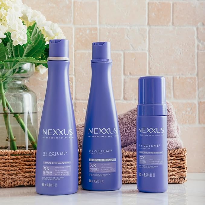 Nexxus HY-VOLUME Weightless Lift Shampoo, Conditioner & Foam 3 Pack PROTEIN FUSION with Collagen Protein & Hyaluronic Acid For Flat & Limp Hair for 48 Hours of Volume 13.5 fl oz & 5.5 fl oz-Velvo Beauty