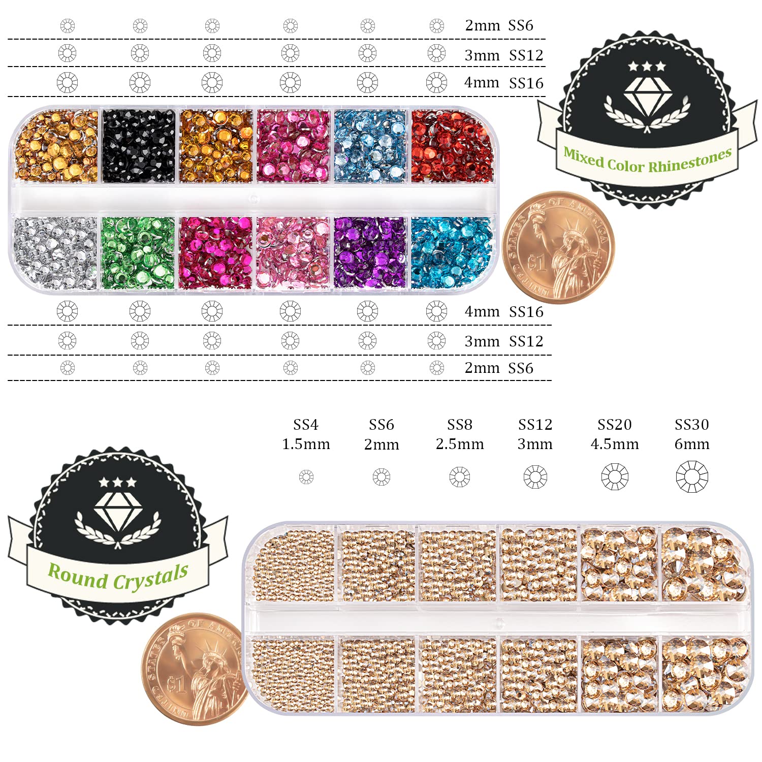 Two Packs of Flatback Rhinestones 4520 Pcs Colorful Nail Art Rhinestones Flatback Crystal Colorful+Champagne Rhinestone with Picker Pencil and Tweezer for Nail Art and Decoration-Velvo Beauty