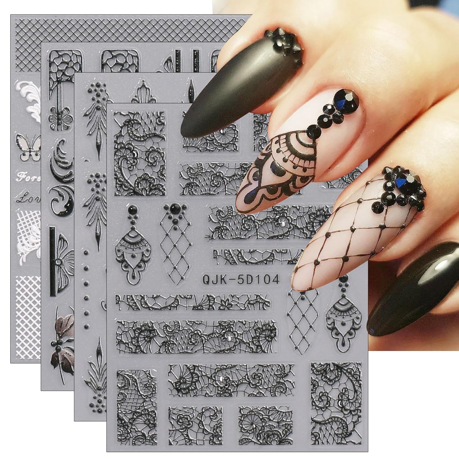 JMEOWIO 3D Embossed Black White Flower Nail Art Stickers Decals Self-Adhesive Pegatinas Uñas 5D Leaves Lace Nail Supplies Nail Art Design Decoration Accessories 4 Sheets-Velvo Beauty