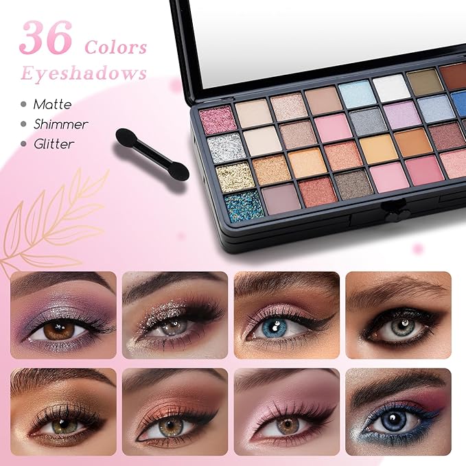 Color Nymph All In One Makeup Sets for Teens Women, Portable Travel Office Makeup Kit Gift for Girls with 36-Colors Eyeshadows Facial Blusher Lip Gloss Pressed Powder Mascara Brushes Mirror-Velvo Beauty