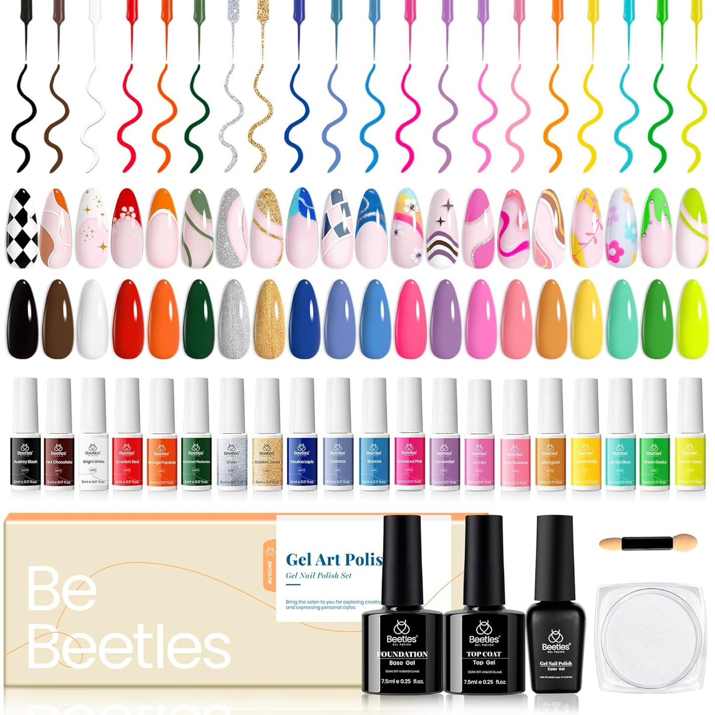 Beetles Gel Liner Nail Art Polish Set Pastel Gel Nail White Gold Red Glitter Neon French Tip Nails Polish Paint Swirl Built Thin Brush in Bottle Soak off Uv Lamp Nails Art Kit Gifts for Women-Velvo Beauty