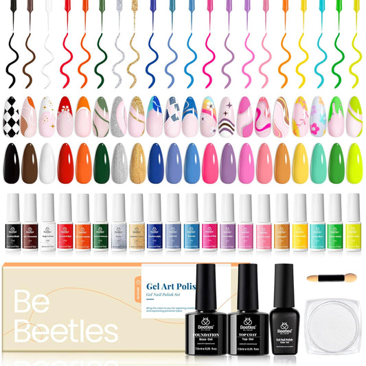 Beetles Gel Liner Nail Art Polish Set Pastel Gel Nail White Gold Red Glitter Neon French Tip Nails Polish Paint Swirl Built Thin Brush in Bottle Soak off Uv Lamp Nails Art Kit Gifts for Women-Velvo Beauty