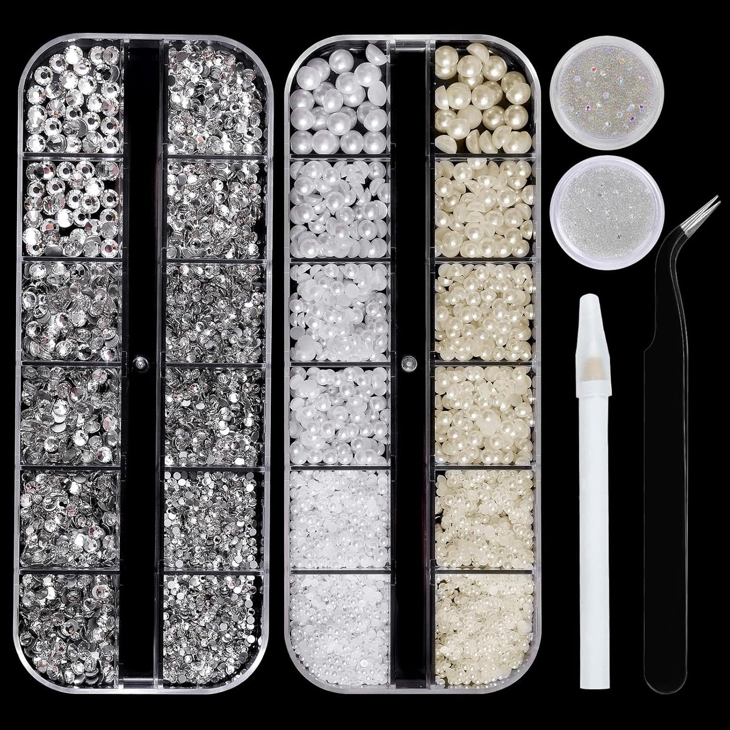 Flatback Rhinestones Half Pearls for Crafting, 1.6-4mm White Glass Rhinestones and 1.5-6mm Small Pearls for Bedazzling, Clothes and Nails Art-Velvo Beauty