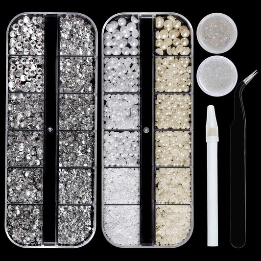 Flatback Rhinestones Half Pearls for Crafting, 1.6-4mm White Glass Rhinestones and 1.5-6mm Small Pearls for Bedazzling, Clothes and Nails Art-Velvo Beauty