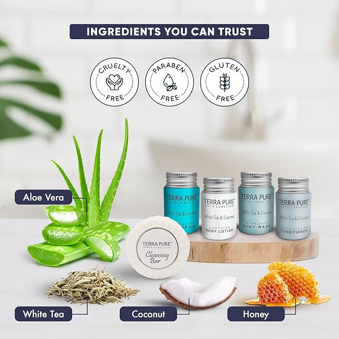 Terra Pure White Tea & Coconut Hotel Size Toiletries Set | 1-Shoppe All-In-Kit | 1 oz. Liquids and 1.25 oz. Bar Soap | Amenities For Hotels, Airbnb & Rentals | (75 pieces)-Velvo Beauty