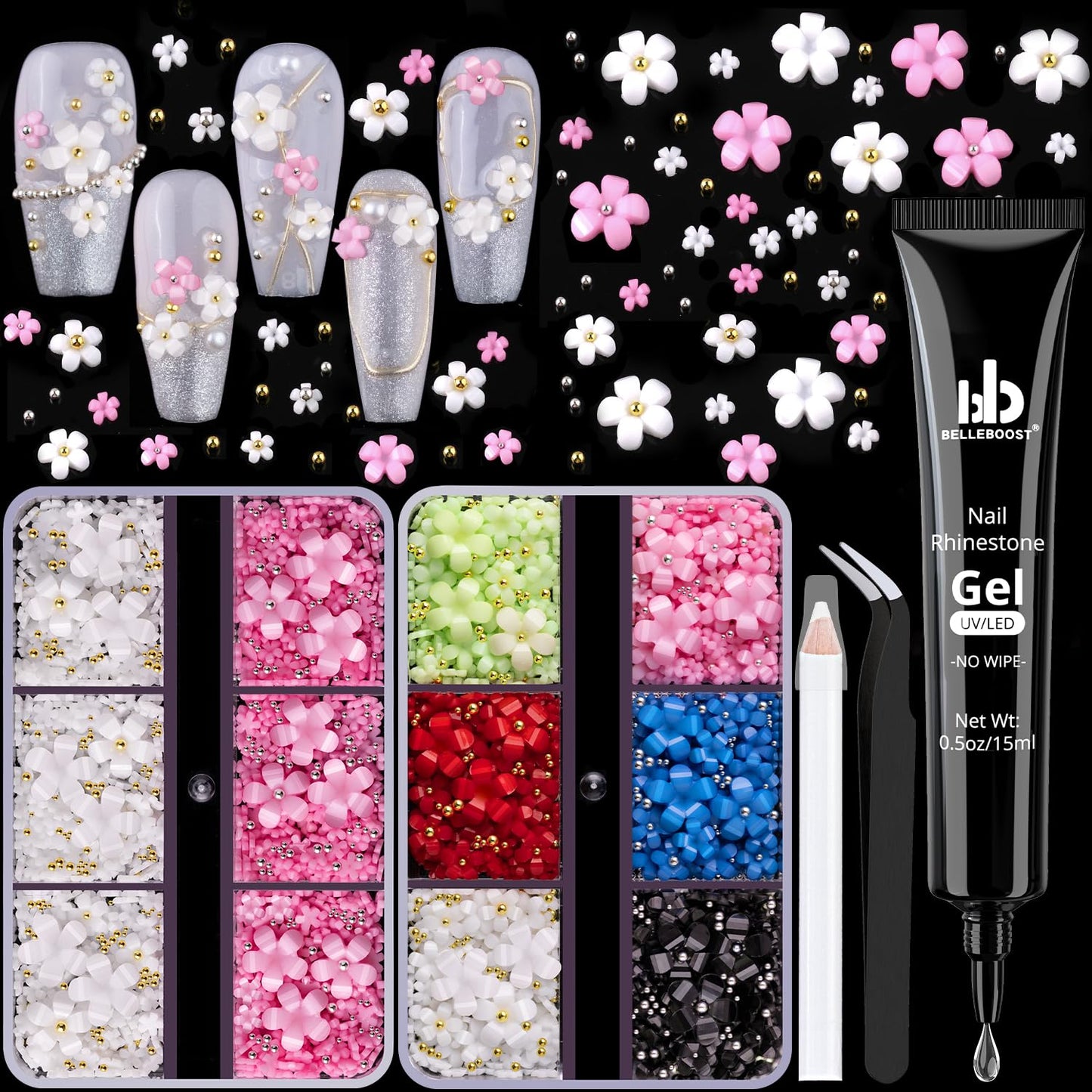 3D Flowers, Manicure Kit with Gel Glue, Colorful Acrylic Flower Nail Charms with Caviar Beads, Rhinestones + Gem Glue for Nails (UV/LED Needed) with Dotting & Pickup Tools-Velvo Beauty