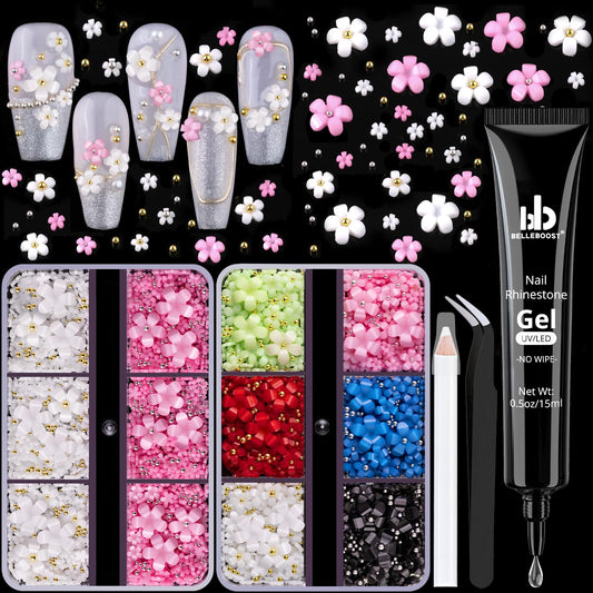 3D Flowers, Manicure Kit with Gel Glue, Colorful Acrylic Flower Nail Charms with Caviar Beads, Rhinestones + Gem Glue for Nails (UV/LED Needed) with Dotting & Pickup Tools-Velvo Beauty