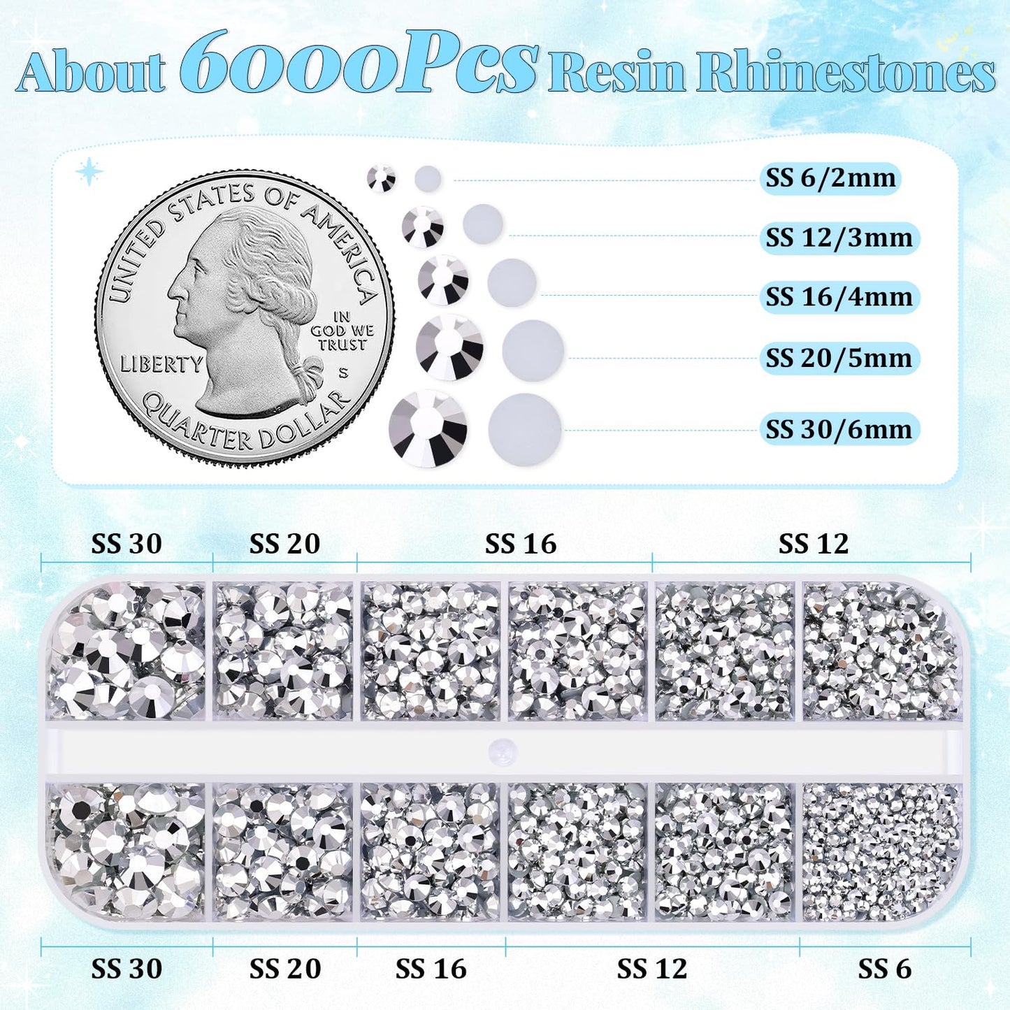 6000Pcs Resin Rhinestones for Bedazzling with 3Pcs B7000 Jewelry Glue, 1 Box Silver Flatback Rhinestones for Crafting Crafts DIY, Crystals Gems for Clothing Shoes Tumblers Nail Art Makeup-Velvo Beauty