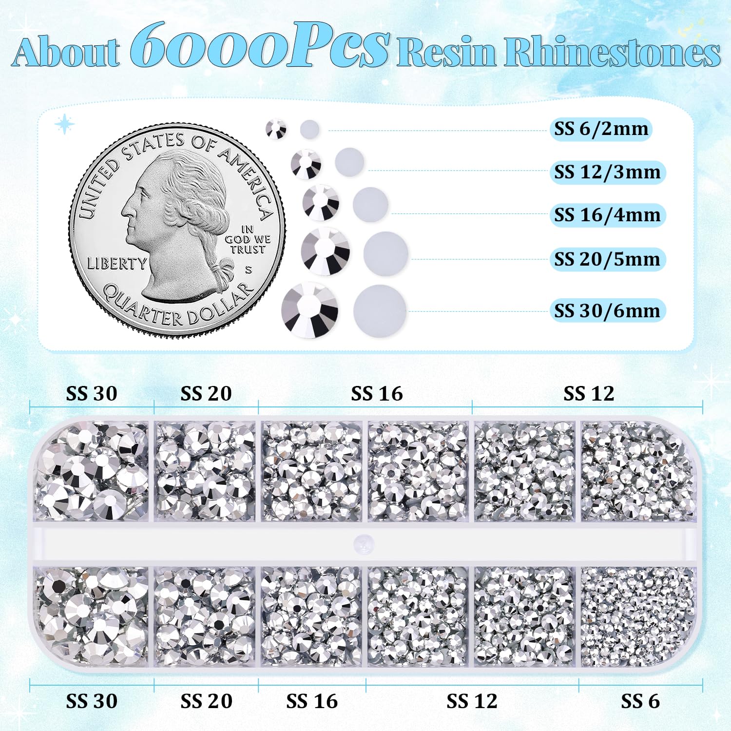 6000Pcs Resin Rhinestones for Bedazzling with 3Pcs B7000 Jewelry Glue, 1 Box Silver Flatback Rhinestones for Crafting Crafts DIY, Crystals Gems for Clothing Shoes Tumblers Nail Art Makeup-Velvo Beauty