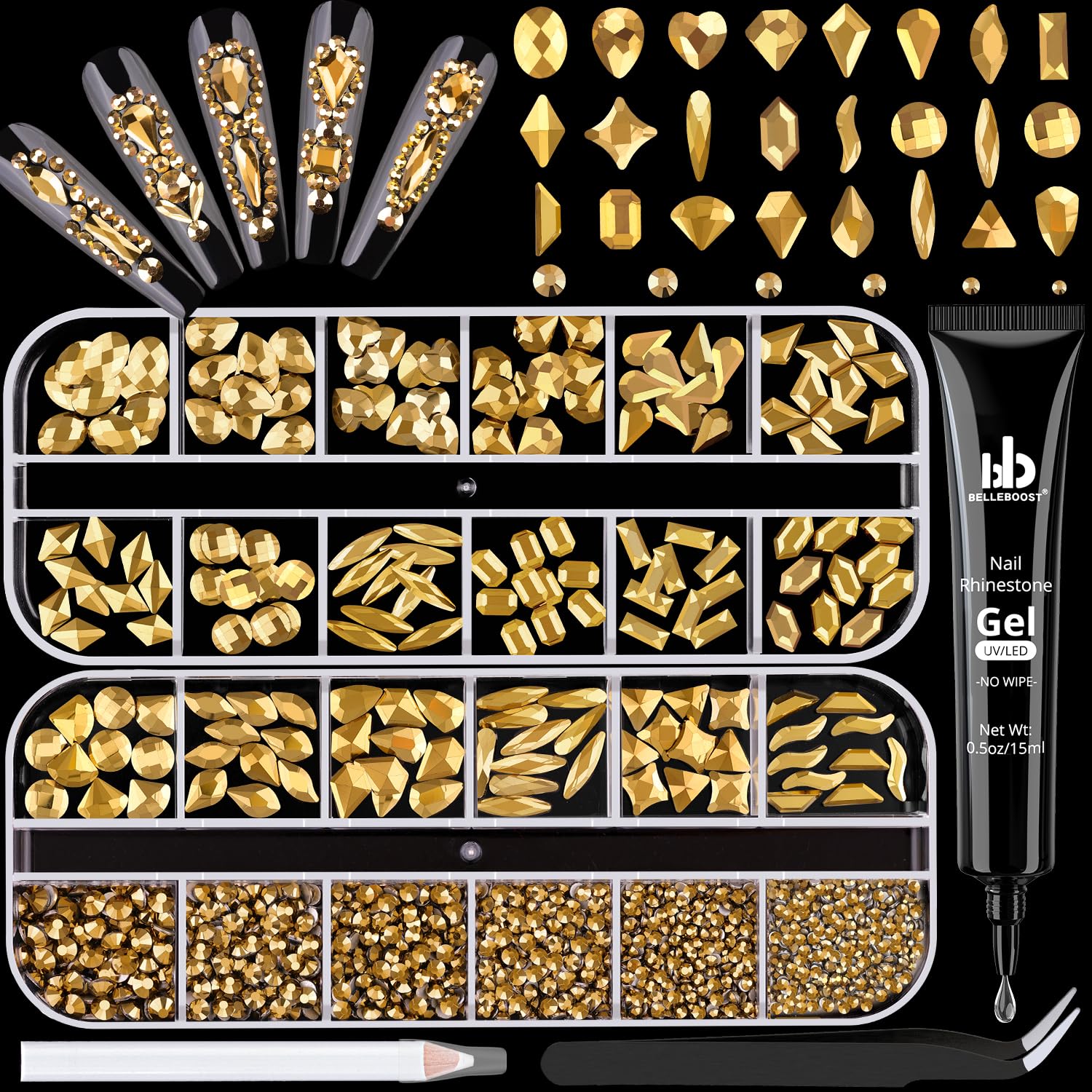 1680Pcs Mineral Gold Glass Nail Rhinestones 180Pcs Multi Shapes Flatback Nail Gems + 1500Pcs 1.5-4mm Round Crystal with Rhinestones Glue Gel, Manicure Nail Charms Diamond Gemstone for Nail Art-Velvo Beauty