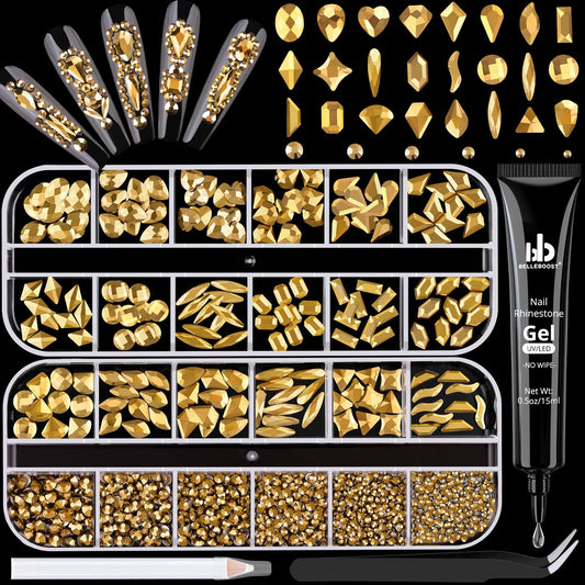 1680Pcs Mineral Gold Glass Nail Rhinestones 180Pcs Multi Shapes Flatback Nail Gems + 1500Pcs 1.5-4mm Round Crystal with Rhinestones Glue Gel, Manicure Nail Charms Diamond Gemstone for Nail Art-Velvo Beauty