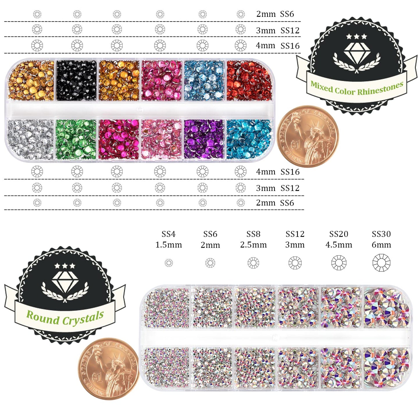 Two Packs of Flatback Rhinestones 4520 Pcs Colorful Nail Art Flatback Crystal Colorful+AB Rhinestone with Picker Pencil and Tweezer for Nail Art and Decoration-Velvo Beauty