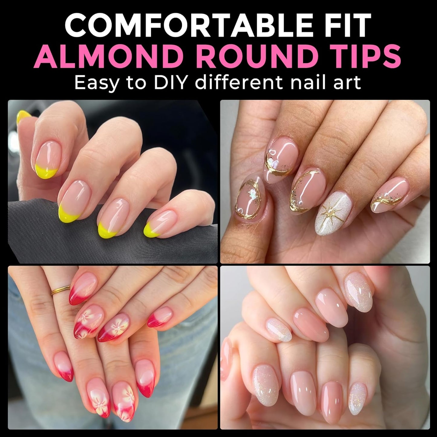 UNA GELLA Short Almond Round Fake Nails 216pcs Almond Press on Nails Pre-Shape Oval Gel Nail Tips for Full Cover Acrylic Short Round Nails for Nails Tips Extension 12 Sizes-Velvo Beauty