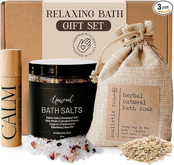 Relaxing Bath Gift Set, Luxury Spa Gifts for Women, Self Care Products for Women and Men, Calm Essential Oil Roller, Oatmeal Lavender Bath Soak & Epsom Salts with Essential Oils-Velvo Beauty