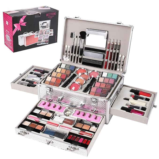 All in One Makeup Kit for Teens, 106 Pcs Professional Makeup Kit for Women Full Kit, Include Eyeshadow Palette, Lipstick Set, Concealer, Foundation, Lipgloss, Makeup Brush(Silver)-Velvo Beauty