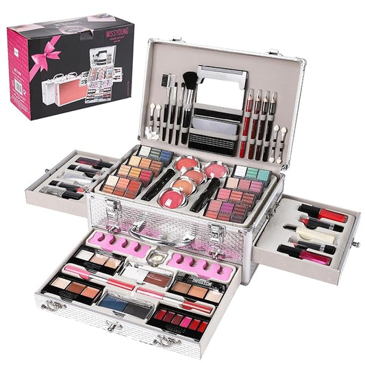 All in One Makeup Kit for Teens, 106 Pcs Professional Makeup Kit for Women Full Kit, Include Eyeshadow Palette, Lipstick Set, Concealer, Foundation, Lipgloss, Makeup Brush(Silver)-Velvo Beauty
