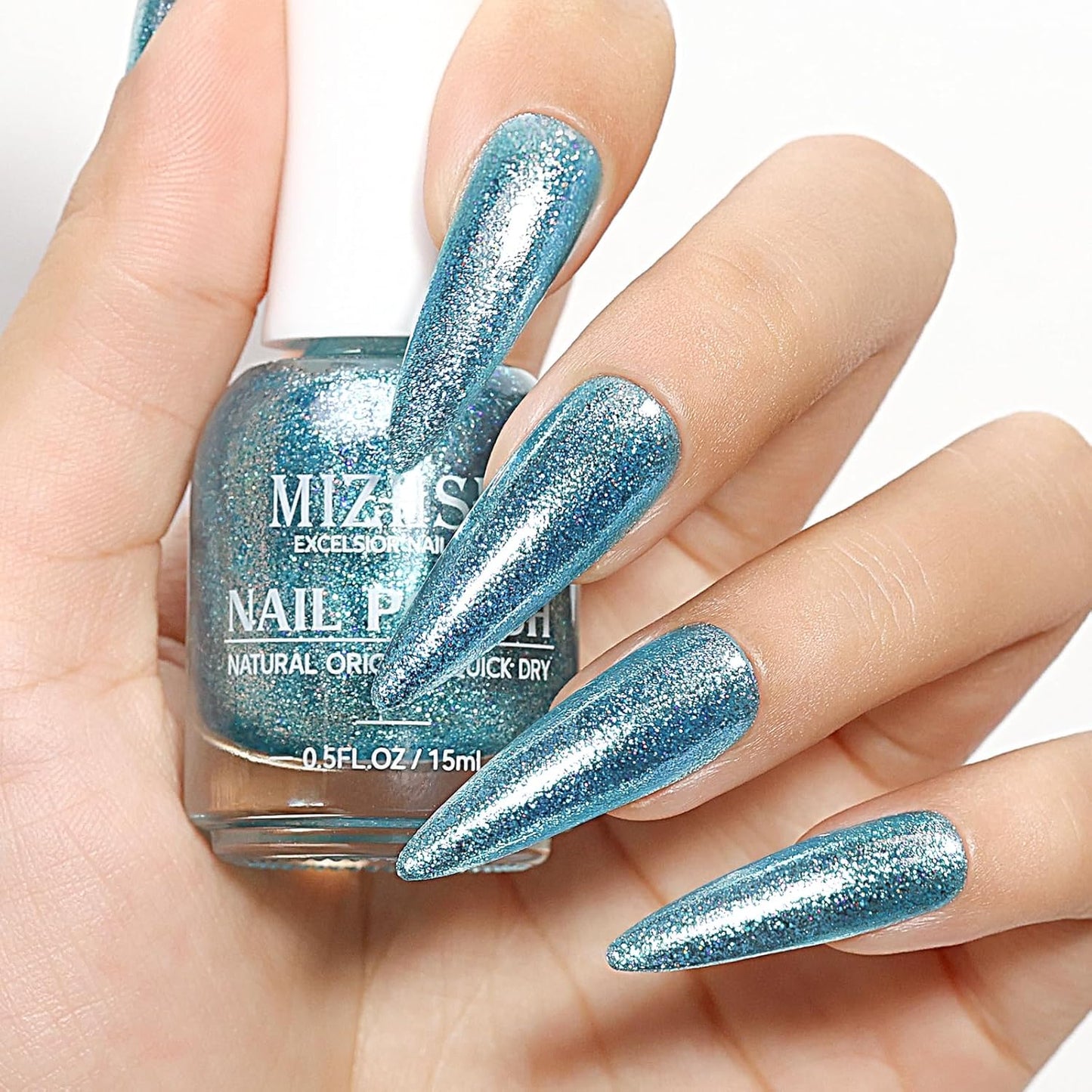 MIZHSE Quick Dry Glitter Blue Nail Polish, Fast Drying Nail Polish, 15ml High Glossy Sparkly Shiny Shimmer Nail Lacquer Nail Art Salon Manicure Home-Velvo Beauty