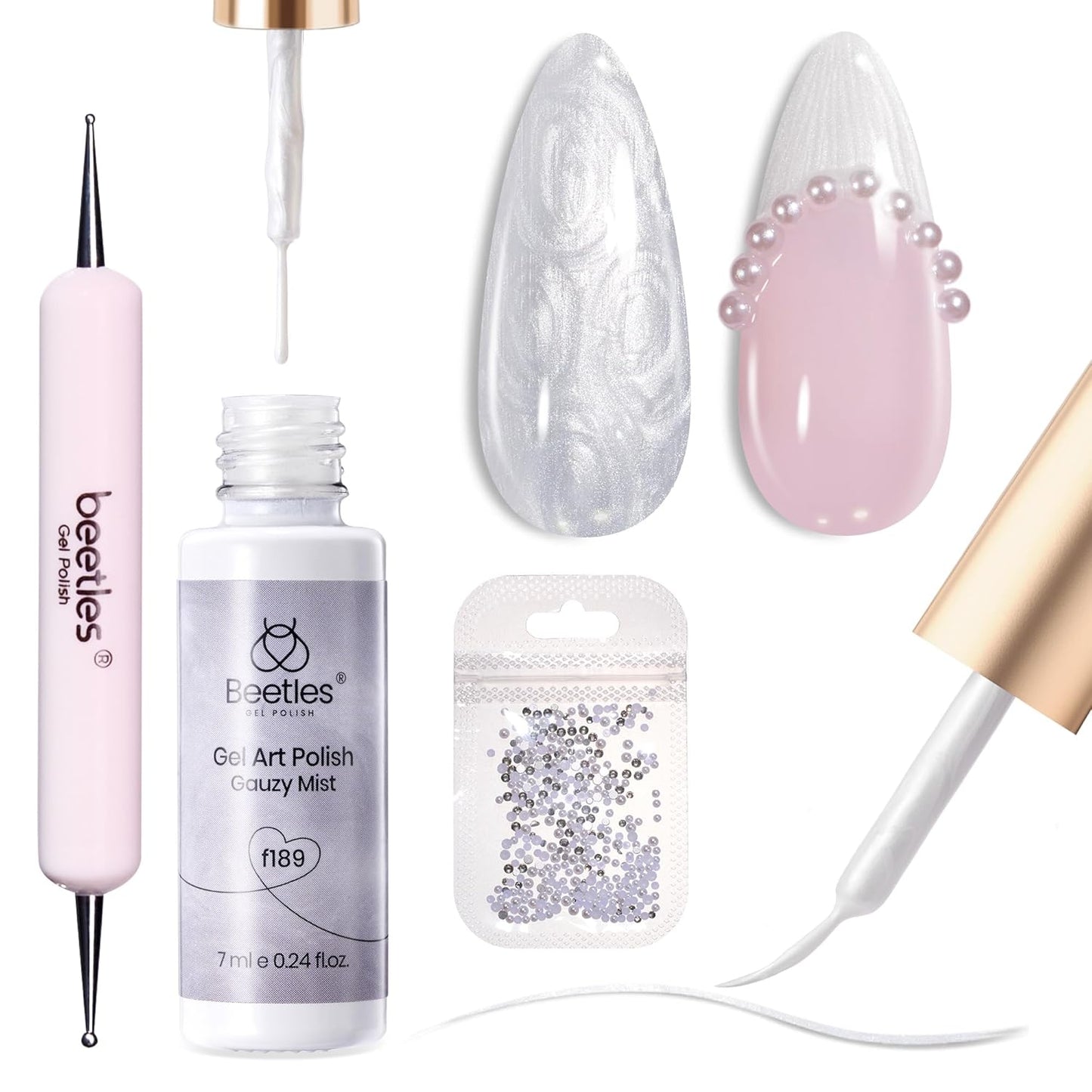 Beetles White Liner Gel Polish, 7ml Pearl White Gel Liner Nail Art Pearlescent Silver Shell Glitter Swirl Effect Pearl Nail Polish Soak Off UV LED Nail Art Design Gifts for Women-Velvo Beauty