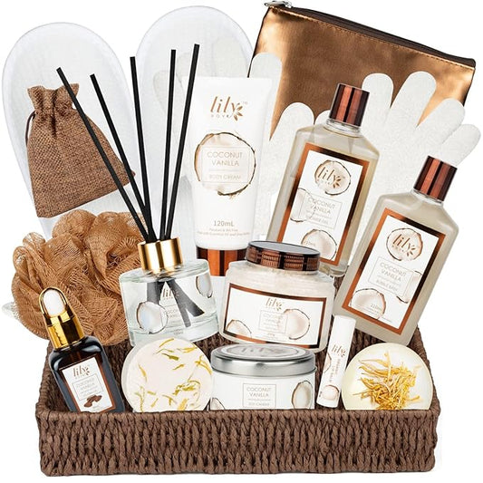 Bath and Body Gift Basket Set for Women - Coconut Vanilla Spa Gift Basket for Women 17-Piece Luxury Bath Gift Set with Shower Gel Self Care Pampering Gifts for Mothers Day, Christmas, Birthday Gifts-Velvo Beauty