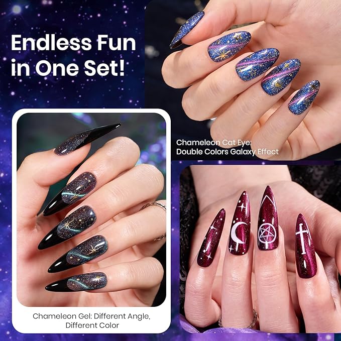 Beetles Cat Eye Gel Polish - Milky Way 6 Colors Gel Polish Set, Black Purple Blue Temperature Changing Glitter Nails, Halloween Galaxy Nails Kit with Magnet Stick Soak Off Uv Lamp Gel-Velvo Beauty