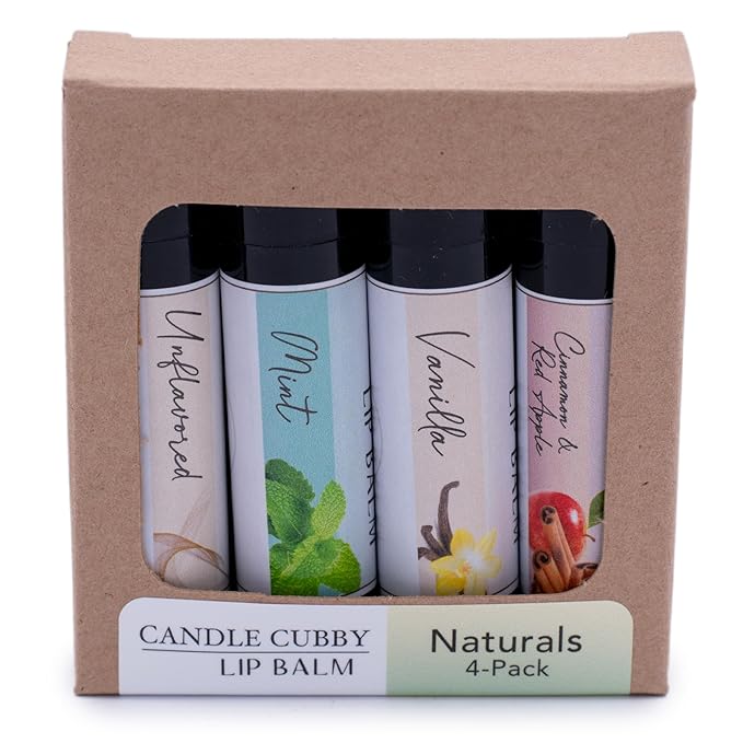 Lip Balm Naturals 4-Pack, Mint Vanilla Cinnamon Red Apple Unflavored, Natural Beeswax, Moisturizing Lip Treatment, 4 Tubes, 0.15 oz., White-Velvo Beauty