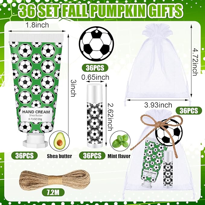 36 Sets Soccer Lip Balm Hand Cream Set soccer Party Favors, Include 36 Lip Balm 36 Moisturizing Hand Cream 36 Bags 36 Cards and Ropes for Soccer Accessories Gifts-Velvo Beauty