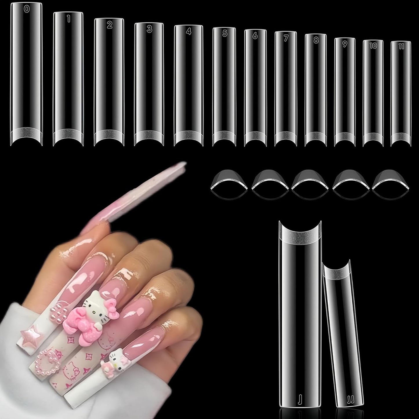 504PCS No C Curve Nail Tips Square XXL Extra Long Tapered Square Nail Tips for Acrylic Nails Professional 12 Sizes Half Cover Straight Clear Fake Nails for Nail Extensions Salons DIY at Home-Velvo Beauty