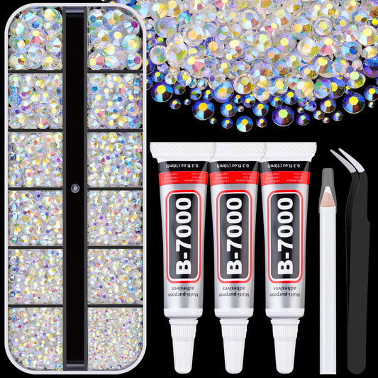 6000Pcs Resin Rhinestones for Bedazzling with 3Pcs B7000 Jewelry Glue, 1 Box Transparent AB Flatback Rhinestones for Crafting Crafts DIY, Crystals Gems for Clothing Shoes Tumblers Nail Art Makeup-Velvo Beauty