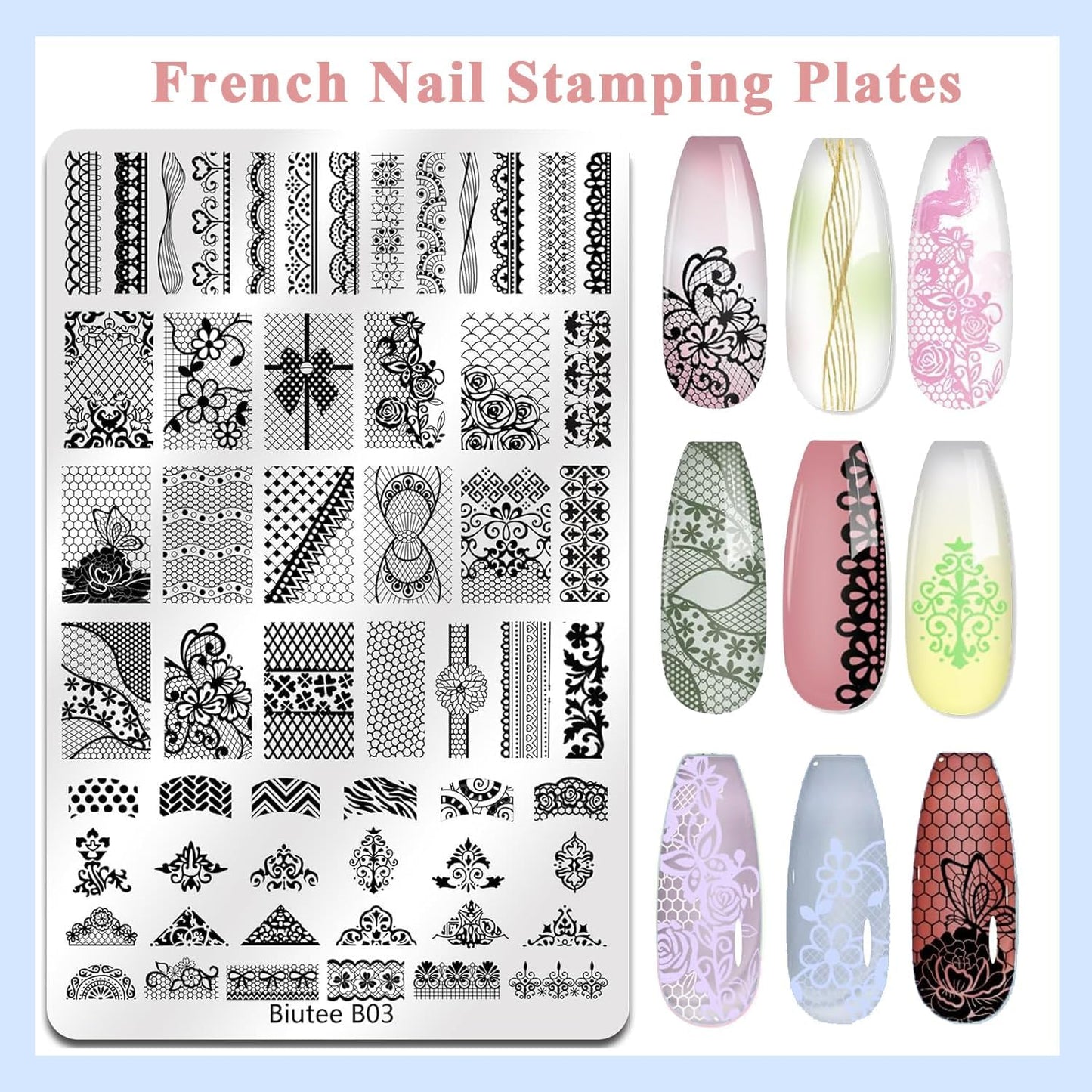 Biutee Nail Stamping Plates Set 2 PCS Large Plate 110 Patterns Nail Art Stamper Scraper Nail Stamp Template Kit French Line Lace Flower Design Masnicure Plates-Velvo Beauty