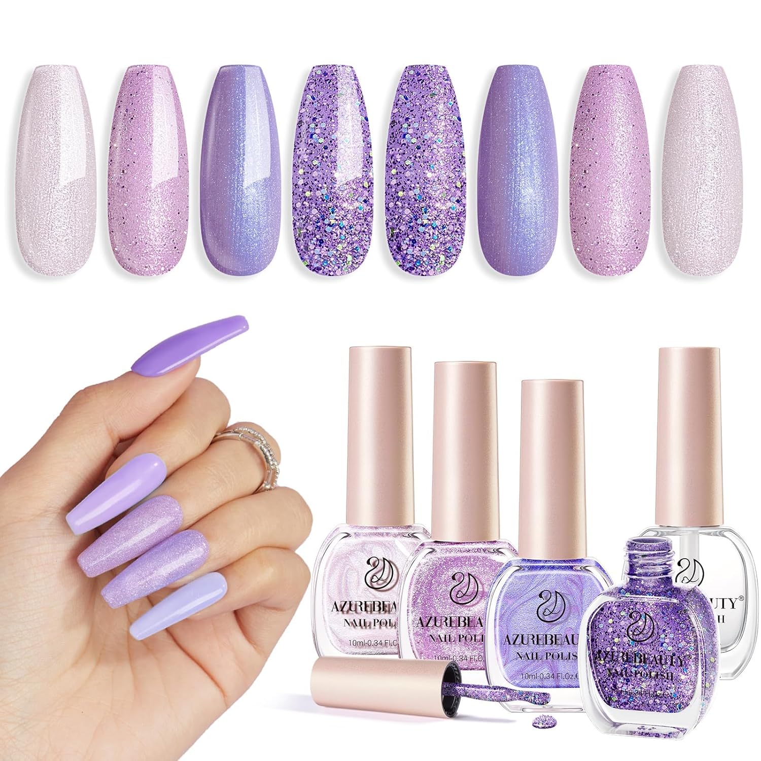 AZUREBEAUTY Nail Polish Set Fast Drying Glitter Pink Purple Spring Summer 4 Colors Lilac Nail Polish Natural Nail Lacquer Fingernail Kit with Top Coat DIY Salon Home-Velvo Beauty