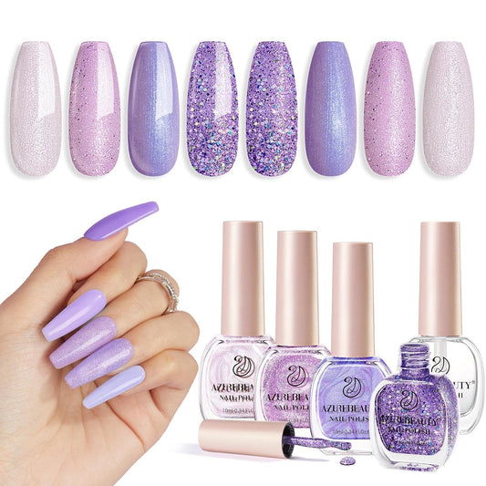 AZUREBEAUTY Nail Polish Set Fast Drying Glitter Pink Purple Spring Summer 4 Colors Lilac Nail Polish Natural Nail Lacquer Fingernail Kit with Top Coat DIY Salon Home-Velvo Beauty