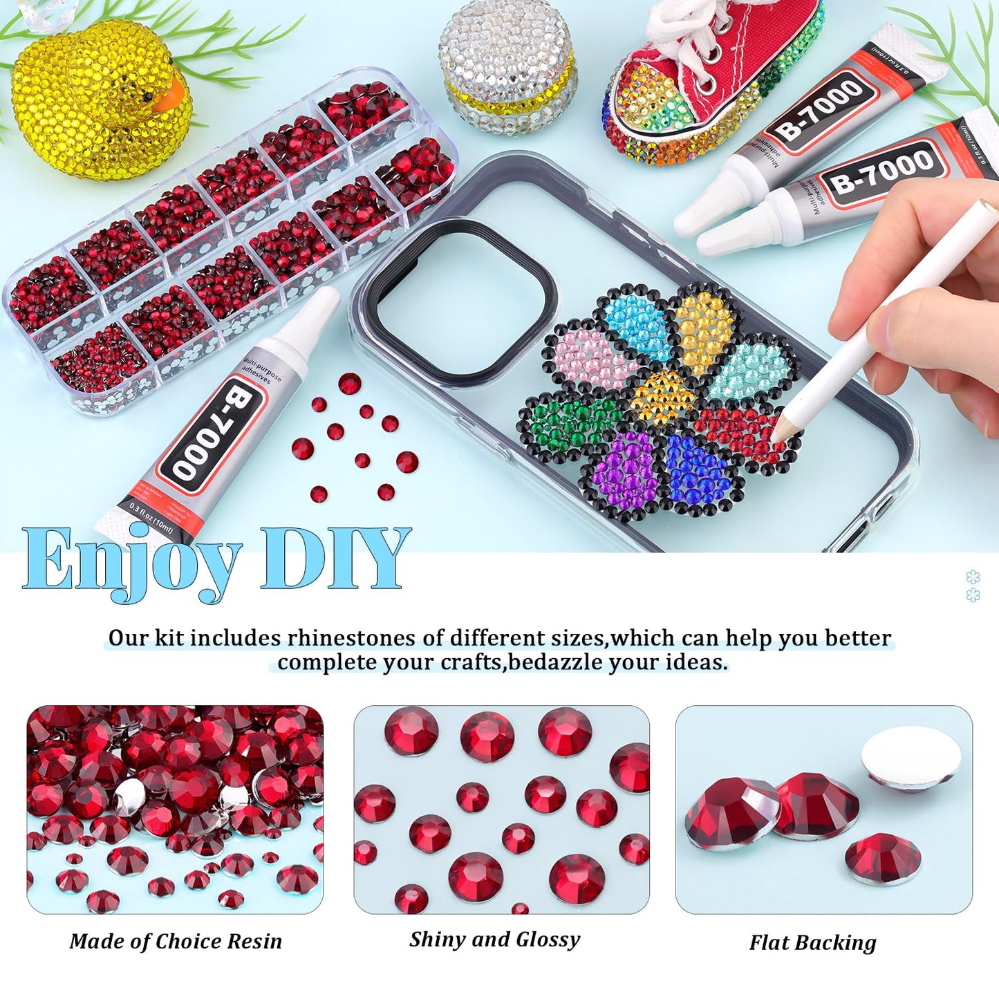 6000Pcs Resin Rhinestones for Bedazzling with 3Pcs B7000 Jewelry Glue, 1 Box Dark Red Flatback Rhinestones for Crafting Crafts DIY, Crystals Gems for Clothing Shoes Tumblers Nail Art Makeup-Velvo Beauty